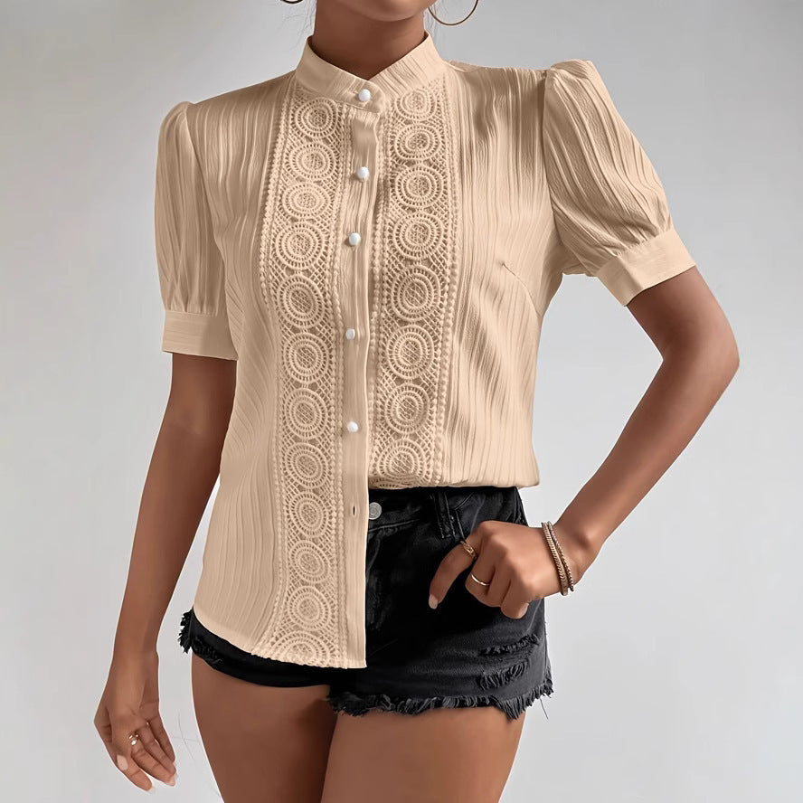 European And American Lace Patchwork Stand-up Collar Women's Top