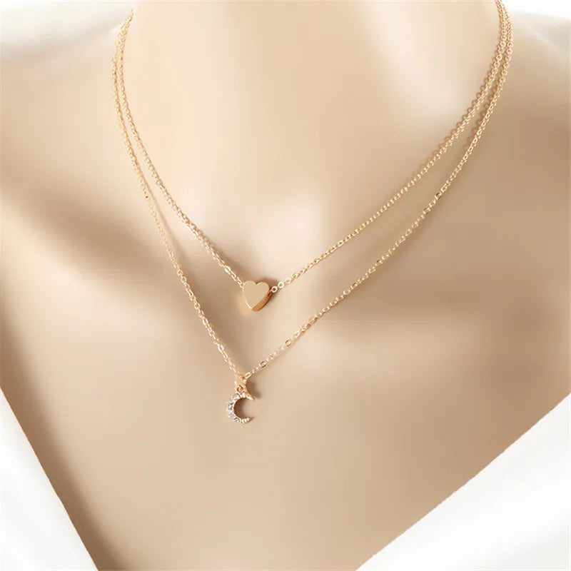 Double Layer Heart Pendant Chain Necklace Women Gold Color Choker Statement Necklaces Multilayer Bohemia Jewlery Gifts