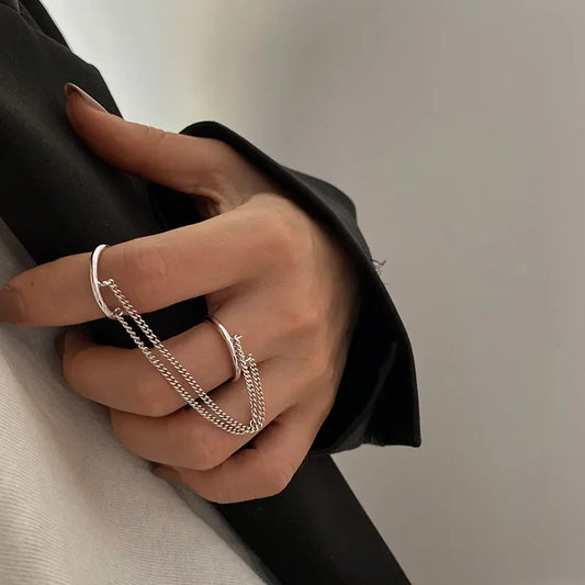 Fashion Punk Chain Double Ring Set Women Hip Hop Open Ring Metal Silver Color Vintage Tassel Chain Geometric Party Jewlery Gifts