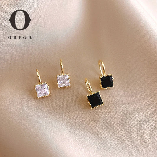 Obega Square Crystal Stone Earrings Copper Material in Gold Plated Clear Black Crystal Stone Fish Hook Earring Women Hot Jewelry