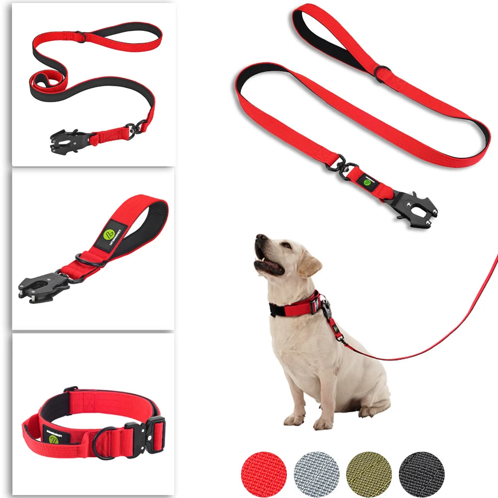 Quick Release Military Traffic Large Heavy Duty Nylon Walking Strong Dog Padded Handle Tactical Training Lead Leash Collar Set